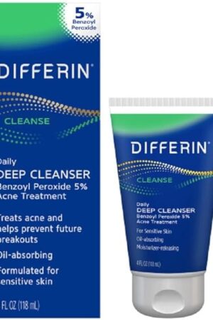 Differin Acne Face Wash with 5% Benzoyl Peroxide, Daily Deep Cleanser by the makers of Differin Gel, Gentle Skin Care for Acne Prone Sensitive Skin, 4 oz (Packaging May Vary)