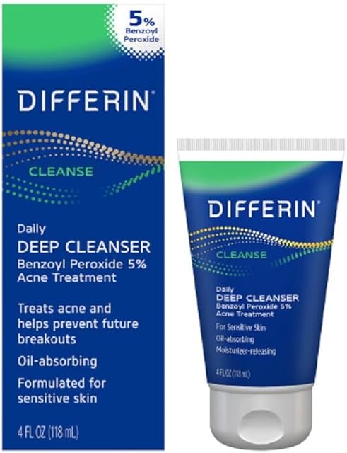 Differin Acne Face Wash with 5% Benzoyl Peroxide, Daily Deep Cleanser by the makers of Differin Gel, Gentle Skin Care for Acne Prone Sensitive Skin, 4 oz (Packaging May Vary)