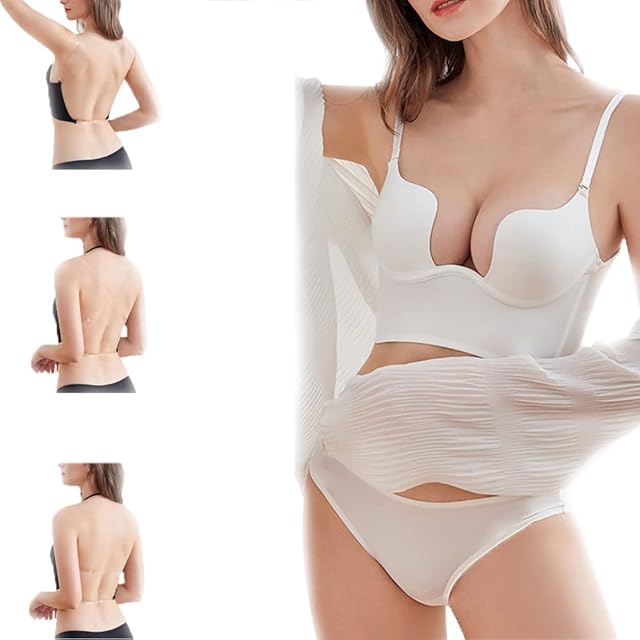 Women Push Up Bra Sexy Deep U Plunge Convertible Multiway Invisible with Clear Straps Big Backless Underwear Suit