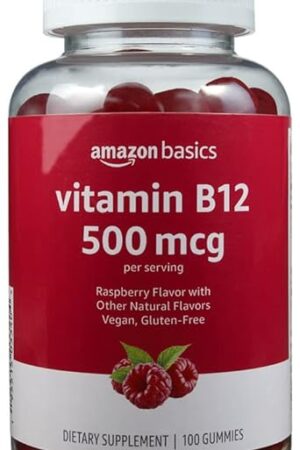 Amazon Basics Vitamin B12 500 mcg Gummies - Normal Energy Production and Metabolism, Immune System Support, Raspberry, 100 Count (2 per Serving) (Previously Solimo)