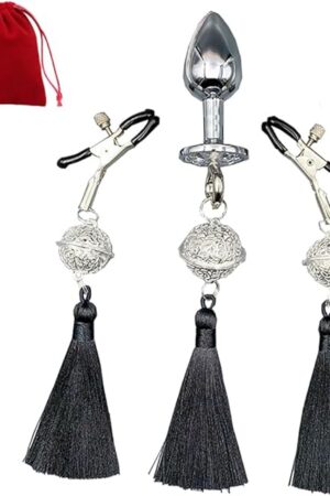 Bell Tassel Nipple Clips with Anal Butt Plug Adjustable Non Piercing Breast Nipple Clamps Anal Plug Body Accessories Jewelry (Black)