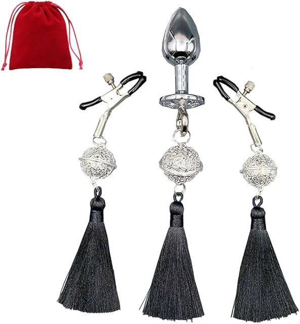 Bell Tassel Nipple Clips with Anal Butt Plug Adjustable Non Piercing Breast Nipple Clamps Anal Plug Body Accessories Jewelry (Black)