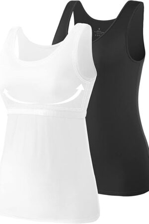 Cotton Tank Tops with Shelf Bra for Women Stretch Tanks Wide Strap Undershirts