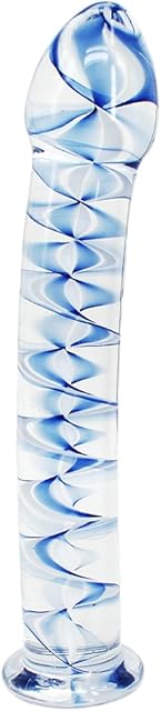 Elite 6.8 Inch Bent Pleasure Wand Glass Dildo, Clear with Blue Vein