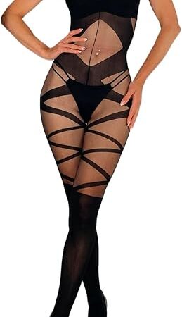 Womens Fishnet Bodystocking, One Piece Sexy Bodysuit Tights, Mesh Full Body attached Stockings, Black Sheer Outfit Catsuit