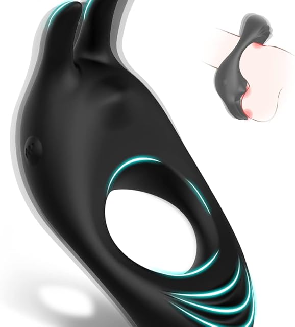 Vibrating Cock Ring with Rabbit Design, Rechargeable Penis Ring Vibrator with 9 Vibration Modes, Erection Pleasure Enhancing Mens Vibrator for Couples Play,Silicone Adult Sex Toys & Games (Black