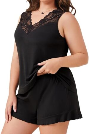 Women's Plus Size Pajamas Set 2 Piece Black Lace Tank Tops Outfit Sexy PJ Set V Neck Satin Sleepwear Lounge Sets 1XL-5XL