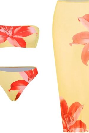 Womens 3pcs Swimsuit Floral Print Bandeau Bikini Set Triangle Bottom with Long Sheer Cover Up Skirt