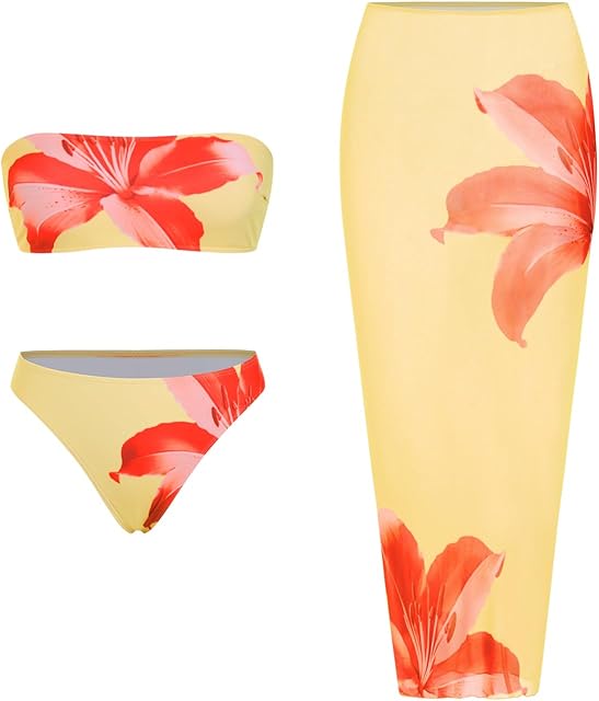 Womens 3pcs Swimsuit Floral Print Bandeau Bikini Set Triangle Bottom with Long Sheer Cover Up Skirt