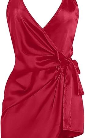 Women's Satin Babydoll Lingerie Sexy Wrap V-Neck Chemise Nightgown Erotic Pajama Dress for Sex Naughty