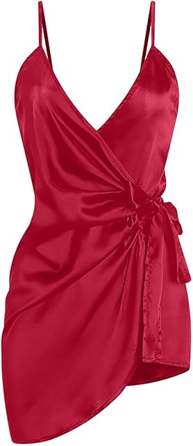 Women's Satin Babydoll Lingerie Sexy Wrap V-Neck Chemise Nightgown Erotic Pajama Dress for Sex Naughty