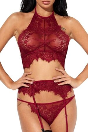 Women Sexy Lingerie 3pcs See Through Floral Lace Babydoll Bra Briefs Garter Sex Temptation Underwire Underwear Costume Set Wine Red M