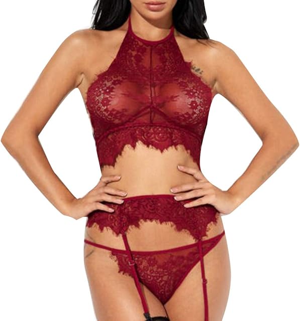 Women Sexy Lingerie 3pcs See Through Floral Lace Babydoll Bra Briefs Garter Sex Temptation Underwire Underwear Costume Set Wine Red M