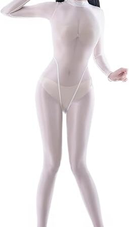 Women's Sexy Long Sleeve Shiny Satin Smooth Glossy Semitransparent Full Bodystocking One Piece Catsuit Bodysuit
