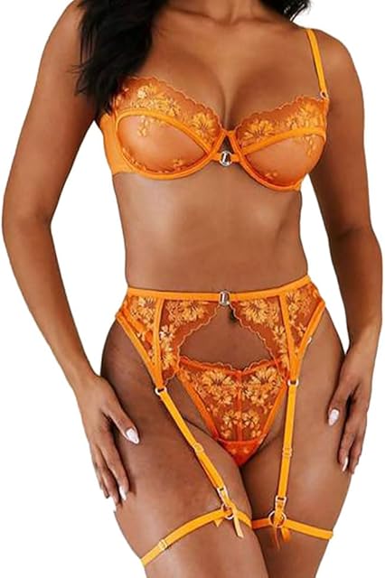 Women's Floral Embroidered Lingerie Sexy Set Underwire Bra and Panty Set with Garter Belt