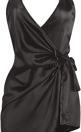 Women's Satin Tie Side Camisole Nightgown Sexy Spaghetti Strap Wrap V Neck Sleeveless Babydoll Chemise Lingerie Sleepwear