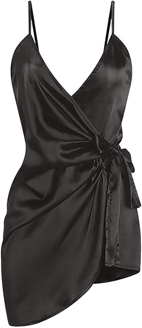 Women's Satin Tie Side Camisole Nightgown Sexy Spaghetti Strap Wrap V Neck Sleeveless Babydoll Chemise Lingerie Sleepwear