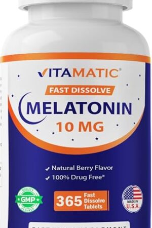 Vitamatic Melatonin 10 mg Tablets | Vegetarian, Non-GMO, Gluten-Free | 1-Year Supply | Natural Berry Flavor - 365 Tablets