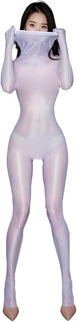 Women's One Piece Sheer Shiny Full Body Stocking Ultrathin High Collar Bodysuit Catsuit with 5 Finger Gloves