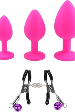 3Pcs Anal Sex Trainer Silicone Butt Plugs, Anal Sex Toys Kit Anal Beads with Nipple Clamp for Adult Women, Men and Couples (Pink)