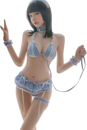 Womens Sexy Cosplay Lingerie Set Ruffle Baby Doll Teddy Outfit Bra an Pantie Nightie with Choker Anime Lace Babydoll