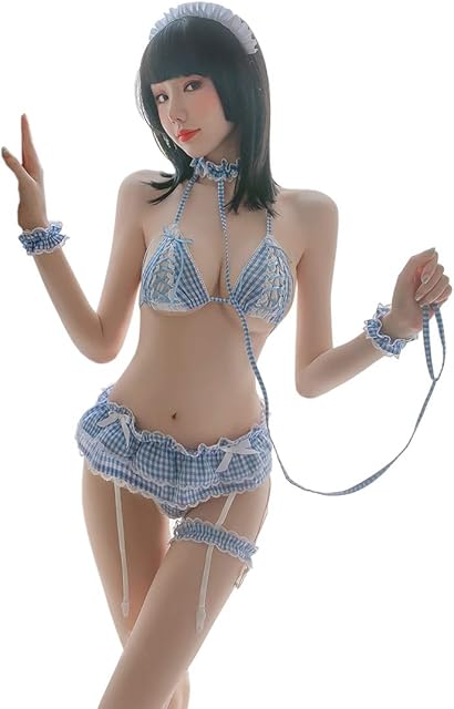 Womens Sexy Cosplay Lingerie Set Ruffle Baby Doll Teddy Outfit Bra an Pantie Nightie with Choker Anime Lace Babydoll