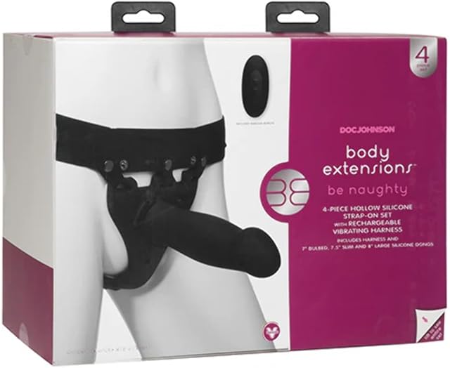 Doc Johnson Body Extensions - BE Naughty - Hollow Strap-On System - Remote Operated Vibrating Silicone Harness with Elastic Waist Band and 3 Hollow Dildos
