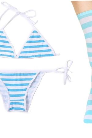 3 PCS Sexy Japanese Cute Anime Lingerie Set for Women with Striped Thigh High Socks Bikini