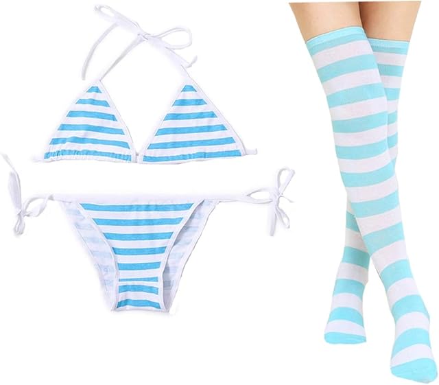 3 PCS Sexy Japanese Cute Anime Lingerie Set for Women with Striped Thigh High Socks Bikini