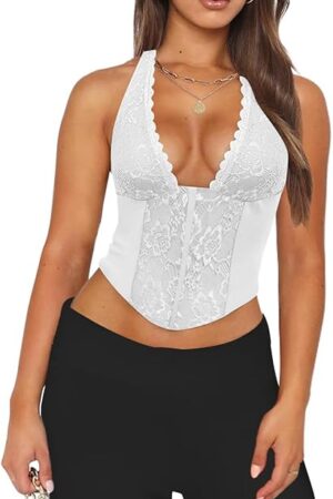 Women Summer Sleeveless Y2K Lace Halter Neck Tank Top Sexy Corset Going Out Bodysuit