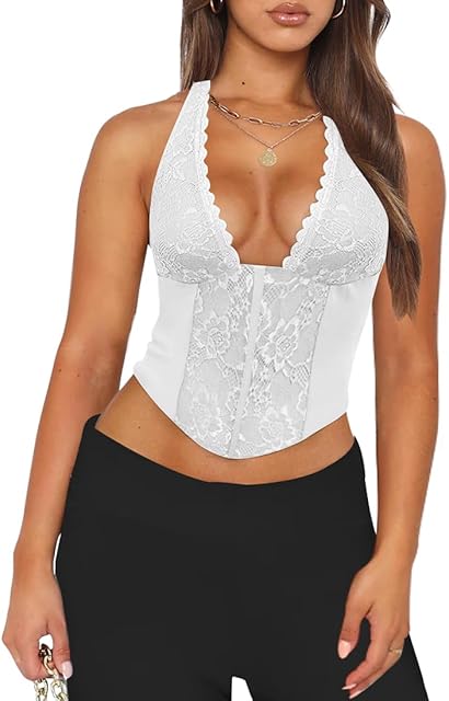 Women Summer Sleeveless Y2K Lace Halter Neck Tank Top Sexy Corset Going Out Bodysuit