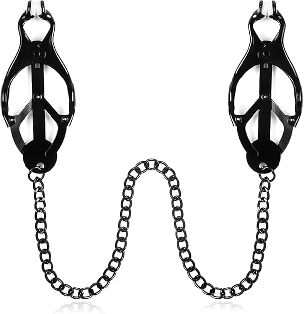 Black Nipple Clamps with Chain Clip On Metal Finish Clamp Set for Nipples extured Rubber Padded Tips Non Piercing Nipple Rings for Adults Couple Role Play Game