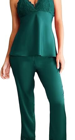 Womens Satin Pajamas Set Silk Sleeveless Pjs Sets Lace Camisole Top and Pants
