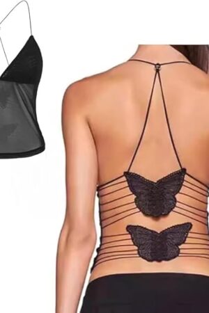 Women Mesh Back Butterfly Crop Top Sexy Lace Backless Rave Halter Tank Vest Camisole Unique V-Neck Clubwear Party Cami