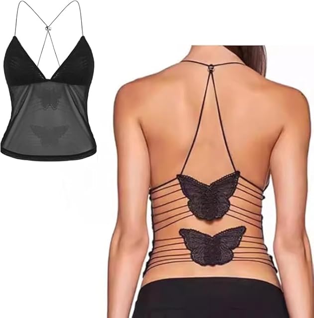 Women Mesh Back Butterfly Crop Top Sexy Lace Backless Rave Halter Tank Vest Camisole Unique V-Neck Clubwear Party Cami