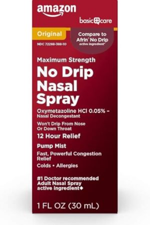 Amazon Basic Care No Drip Nasal Spray, 12 Hour Nasal Decongestant, Pump Mist, Oxymetazoline HCl, Cold and Allergy Nasal Spray, 1 fl oz (Pack of 1)