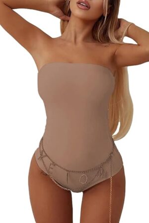 Women's Sexy Strapless Bodysuit Off Shoulder Sleeveless Leotard Stretchy Solid Skinny Basic Tube Bodysuits