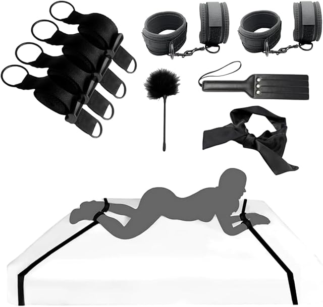 Bed Bondage Restraints Kits BDSM Toys Bed Restraints Straps Sex Toys Handcuffs Ankle Cuffs Blindfold Feather Paddle Set SM Games Adjustable for Couples