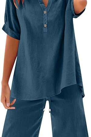 Womens Summer Outfits Cotton Linen Short Sleeve Button Down Shirt with Bermuda Shorts 2 Piece Lounge Set with Pockets