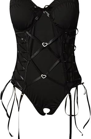 Womens Crotchless Lingerie Outfits One Piece Strappy Lingerie Sexy Push Up Bowtie Tummy Control Bodysuit