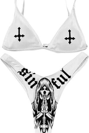 Women Gothic Skull Letter Printed Two Piece Swimsuit High Cut Triangle Bikini Set for Rave Party Festival Halloween