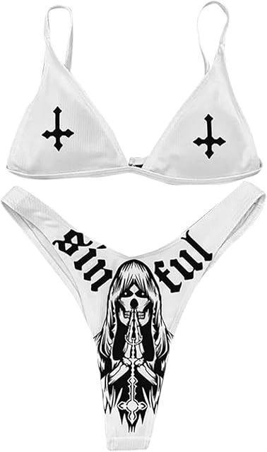 Women Gothic Skull Letter Printed Two Piece Swimsuit High Cut Triangle Bikini Set for Rave Party Festival Halloween