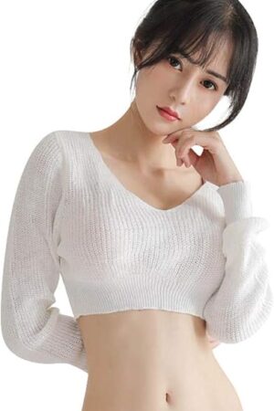 Women's Long Sleeve Cropped Sweater Wear Loose Fit V Neck Knit Top Lightweight Sexy Lingerie Erotic Costume