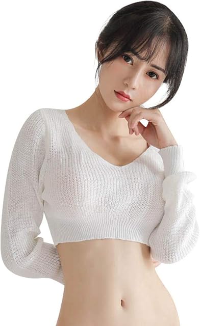 Women's Long Sleeve Cropped Sweater Wear Loose Fit V Neck Knit Top Lightweight Sexy Lingerie Erotic Costume