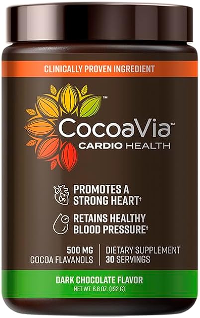 CocoaVia Cardio Health Powder, #1 Clinically-Proven High Flavanol Cocoa Extract 500mg, 30 Servings, Support Heart Health, Boost Nitric Oxide, Improve Circulation, Preworkout, Vegan, Dark Chocolate