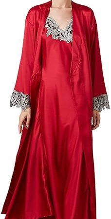 2 Piece Women Satin Nightgowns and Robe Set Sexy Lace Silk Slip Dress Long Chemise Nightdress Sleepwear