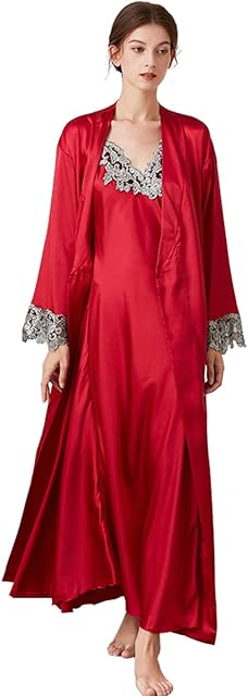 2 Piece Women Satin Nightgowns and Robe Set Sexy Lace Silk Slip Dress Long Chemise Nightdress Sleepwear