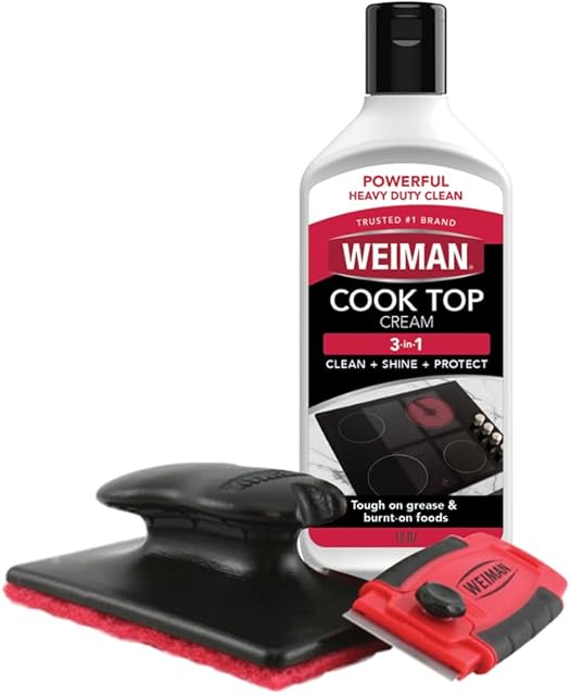Weiman Cooktop and Stove Top Cleaner Kit - Glass Cook Top Cleaner and Polish 10 oz Scrubbing Pad, Cleaning Tool, Razor, Scraper
