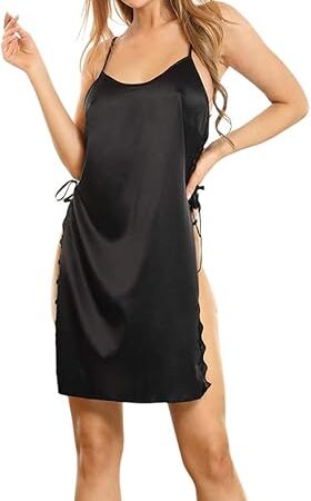 Black Slit Satin Slip Dress for Women Chemise Sexy Sleepwear Babydoll Lingerie