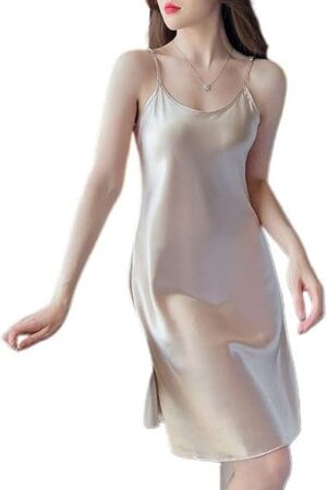 Women's Satin Nightgown Chemise Lingerie Built-in Bra Slip Fashion Lounge Dress Light Loose Sexy Fall Night Dress